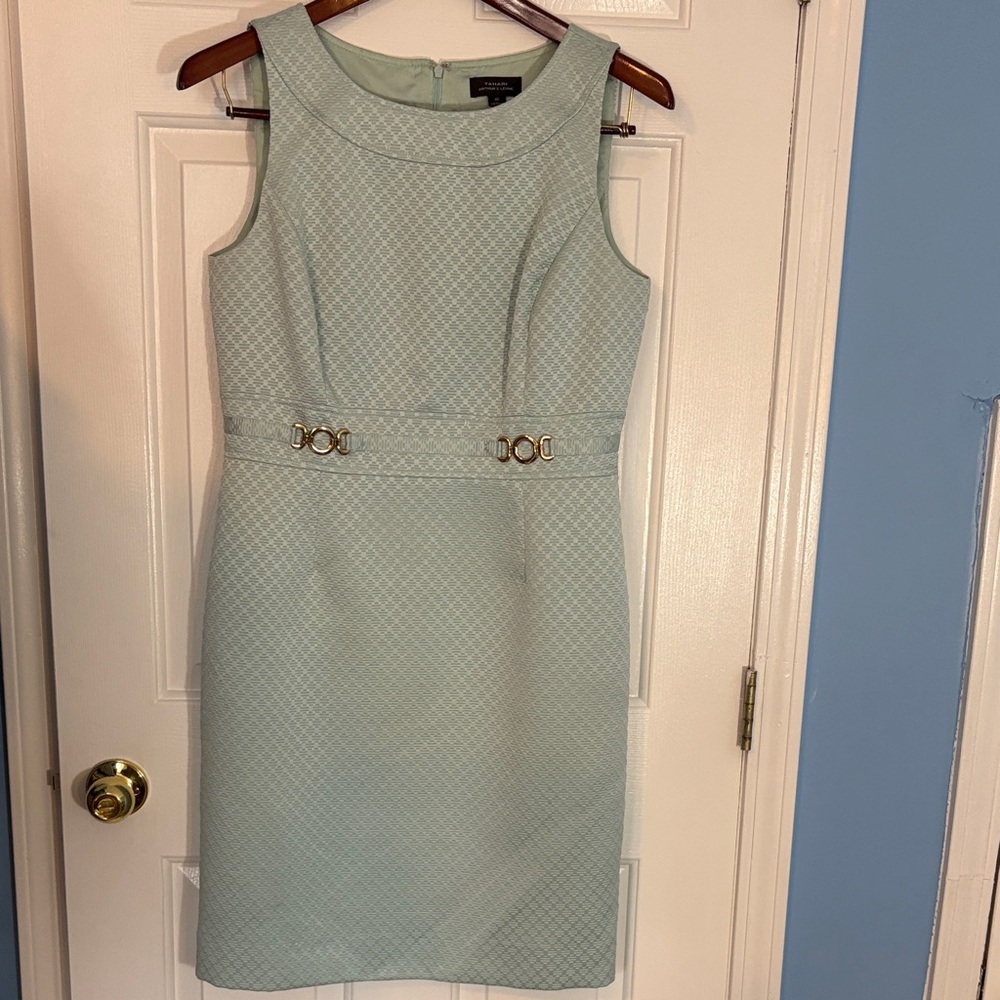 Tahari Mint Green Textured Midi Dress with Gold Accents